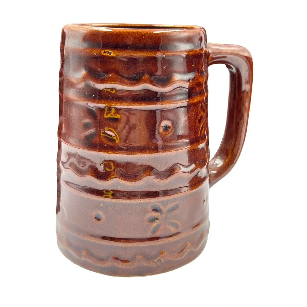 (1) Vtg Marcrest Stoneware Large Wine Carafe Water Pitcher Brown with 5 mugs - Picture 2 of 7